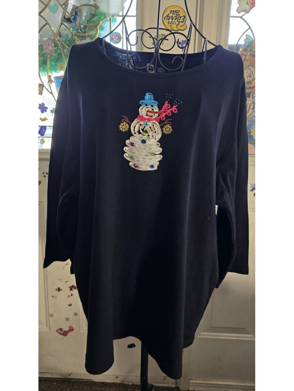 Classic Elements Black Christmas 3/4 Sleeve Top Snowman Ribbon Sequins 18-20W